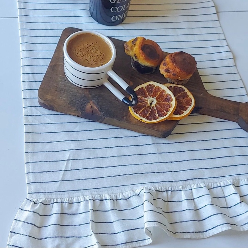 HAND-CRAFTED! Off - White Ruffled Table Runner - Cotton Striped Fabric